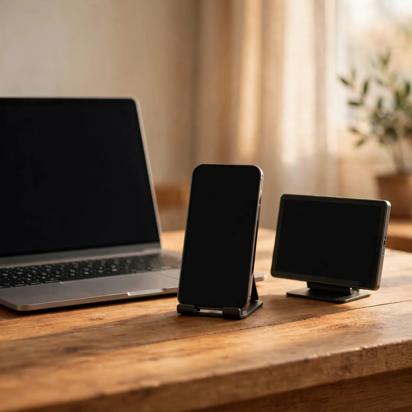 Portátil, teléfono y pantalla pequeña en un escritorio de apartamento colombiano, sin texto ni logos