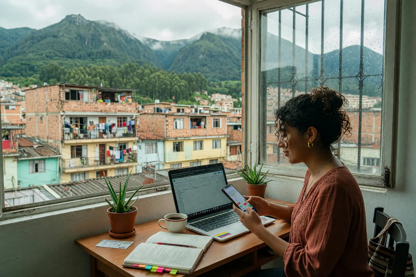 Profesional independiente trabajando en Bogotá con los cerros al fondo