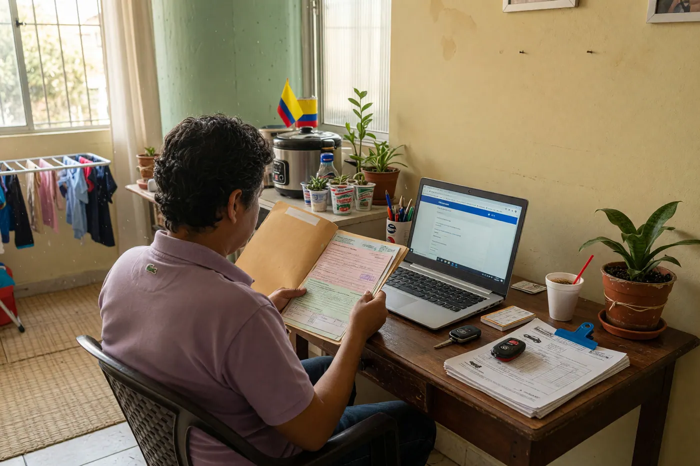 Persona de espaldas en un escritorio revisando una carpeta de papeles vehiculares y un computador portátil, con llaves de carro al lado
