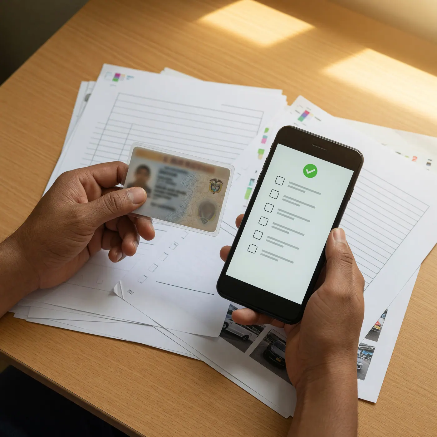 Manos sosteniendo una cédula en funda plástica junto a un celular con una lista de verificación y un visto verde
