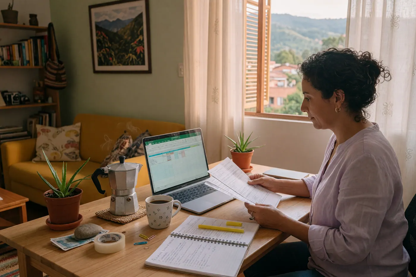 Persona revisando documentos contables y una hoja de cálculo para consultar la información exógena de la DIAN en Colombia