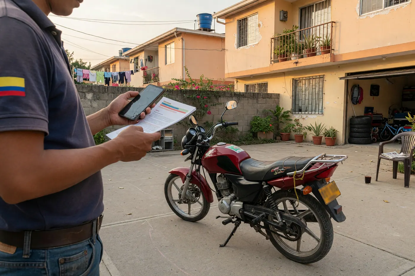 Persona revisando un documento de SOAT en el celular junto a una motocicleta