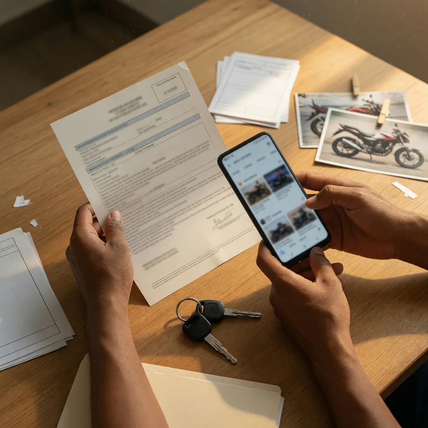 Manos comparando documentos de un vehículo junto a un celular y unas llaves