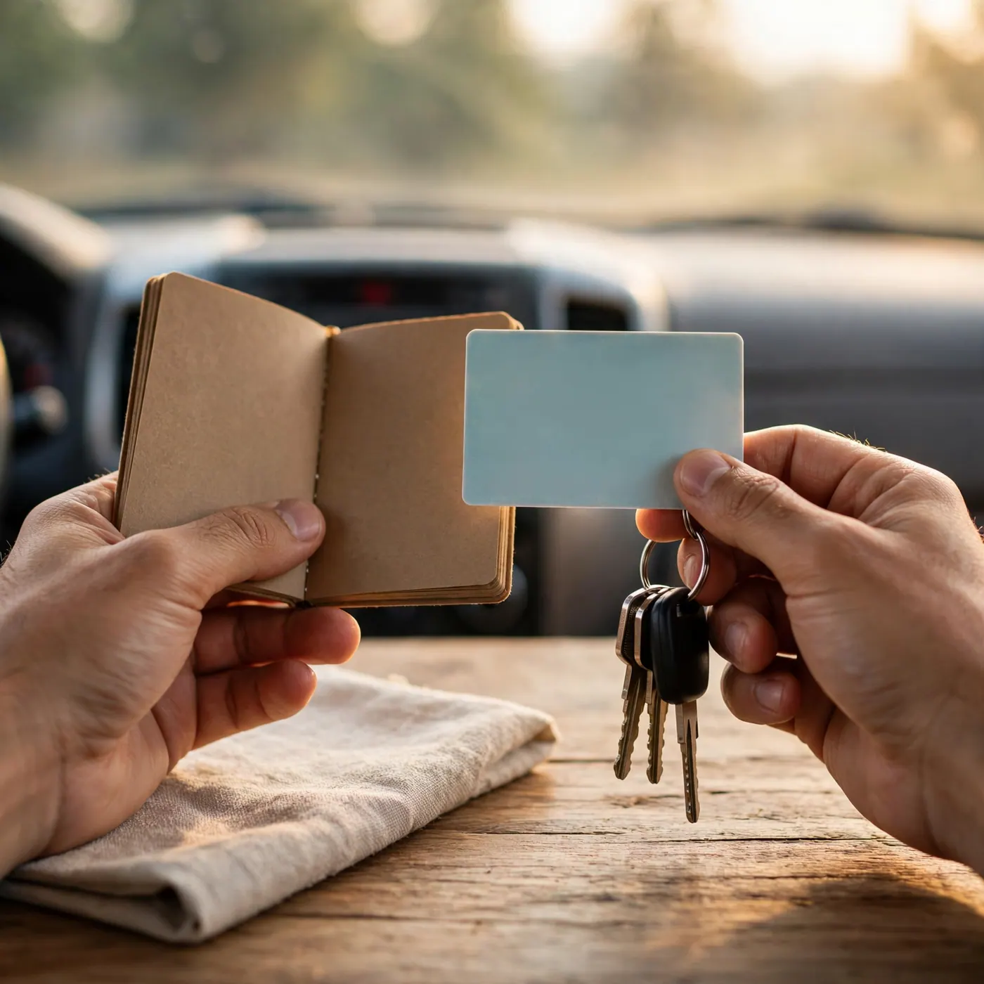Manos sobre una mesa con una licencia de conducción ilegible, llaves y una libreta, con el tablero de un vehículo desenfocado al fondo