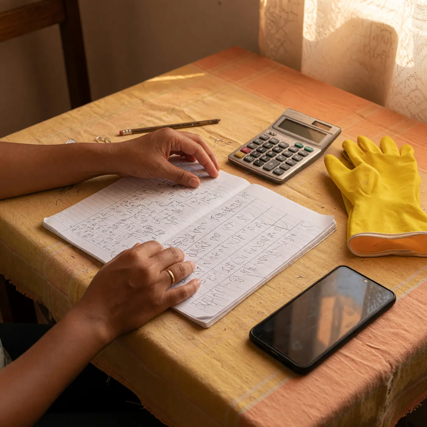 Manos revisando un horario junto a calculadora, guantes de limpieza y celular