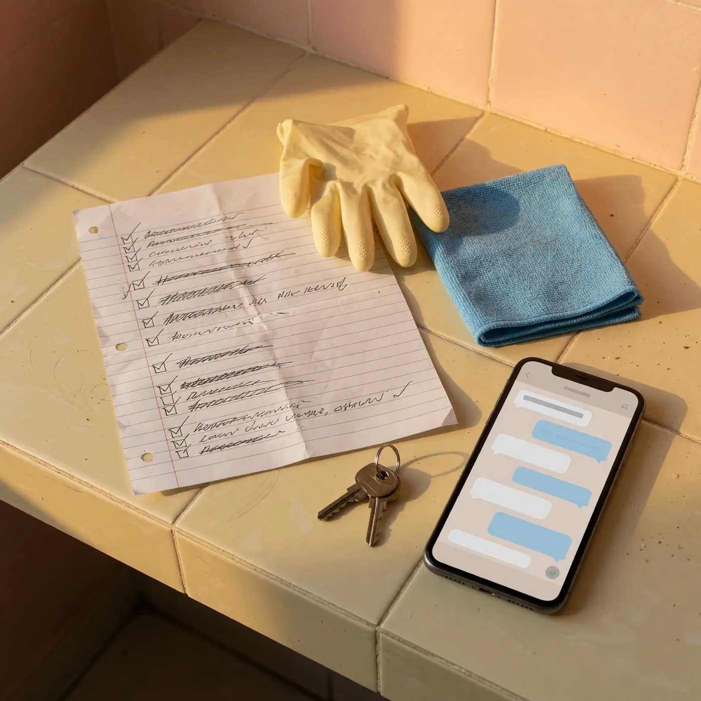 Checklist de limpieza junto a guantes, paño, llaves y celular sobre una mesa