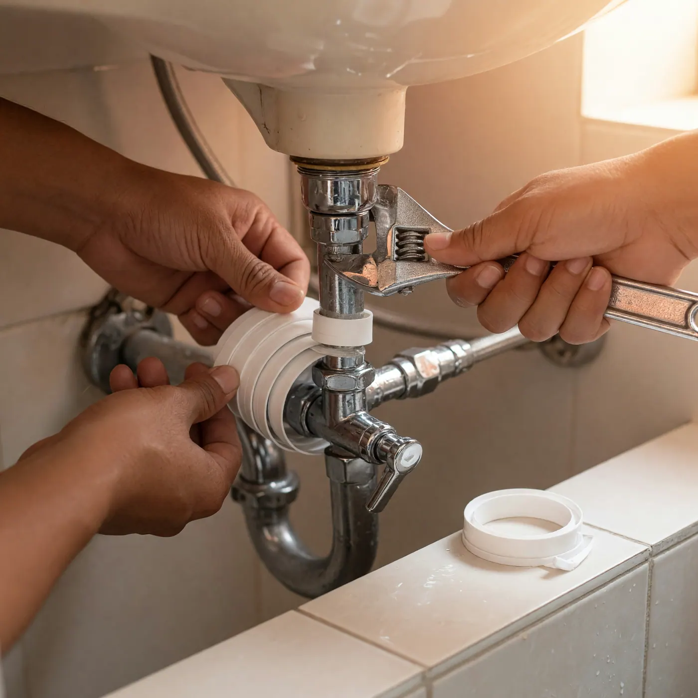 Manos ajustando tubería y grifería de baño con llave inglesa y cinta de teflón