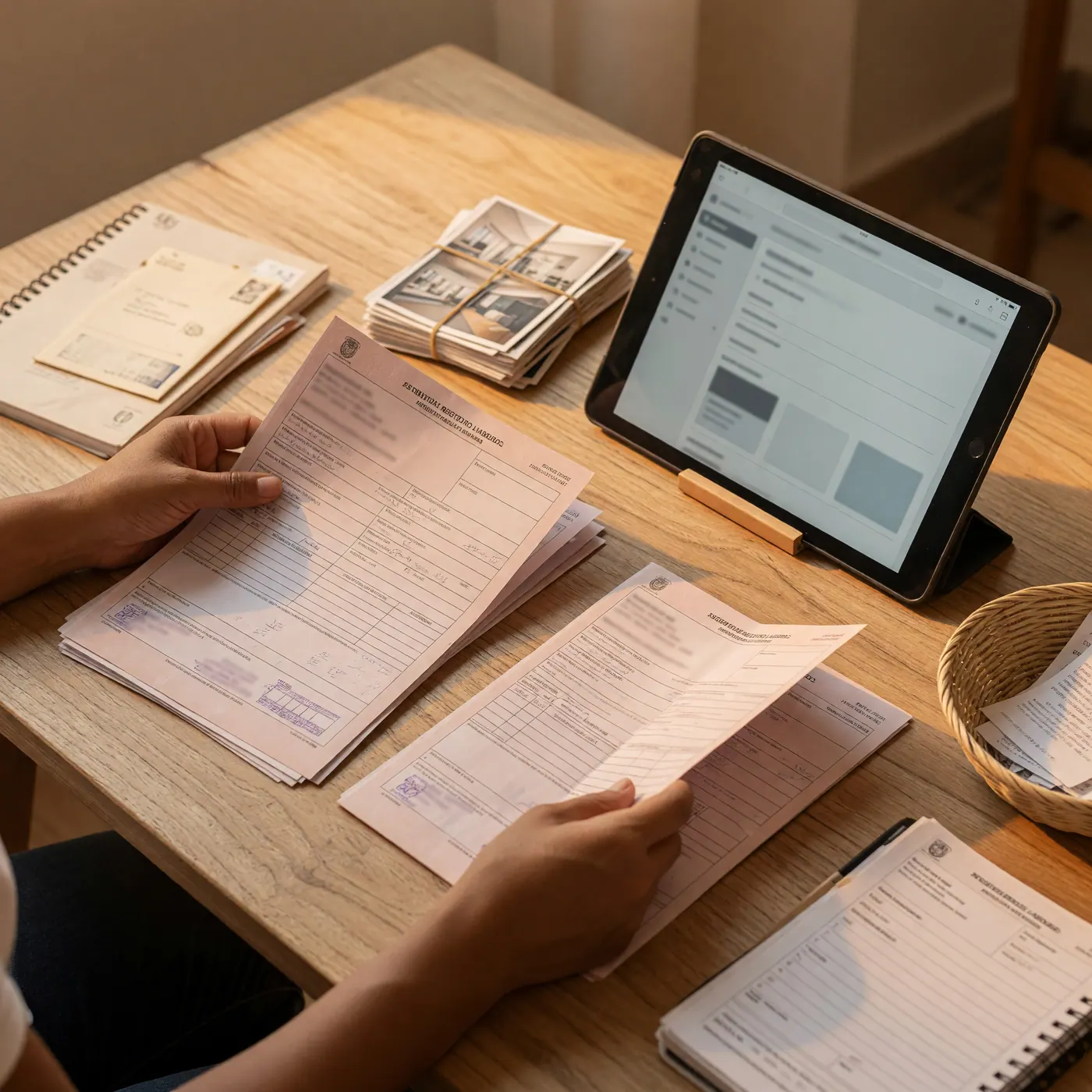 Manos revisando documentos laborales junto a una tableta sobre un escritorio de madera
