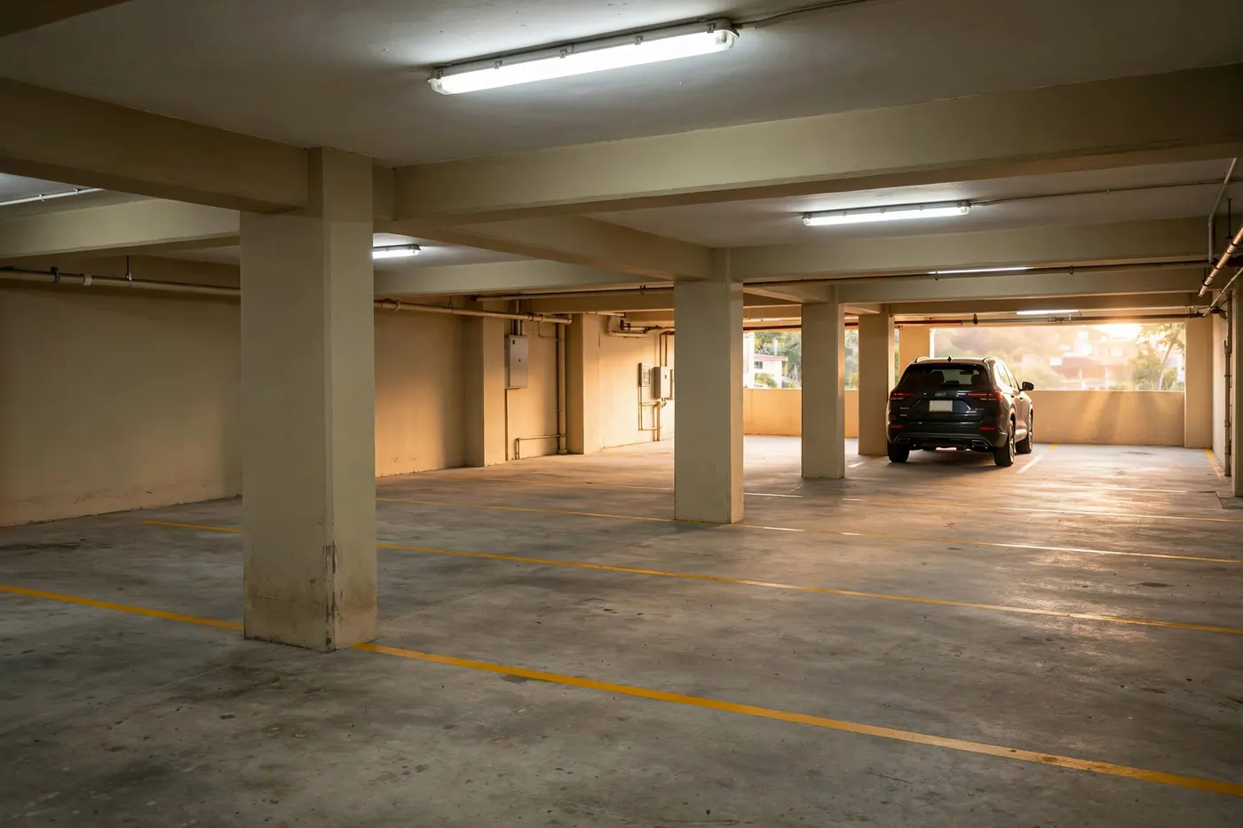 Parqueadero privado cubierto con celdas demarcadas en el sótano de un edificio residencial, con buena iluminación