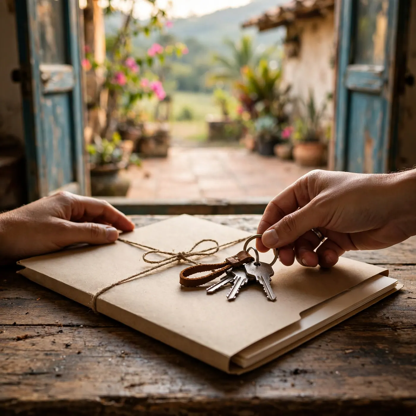 Manos sobre una mesa de madera usada sostienen unas llaves junto a una carpeta cerrada, con la ventana abierta hacia un patio rural