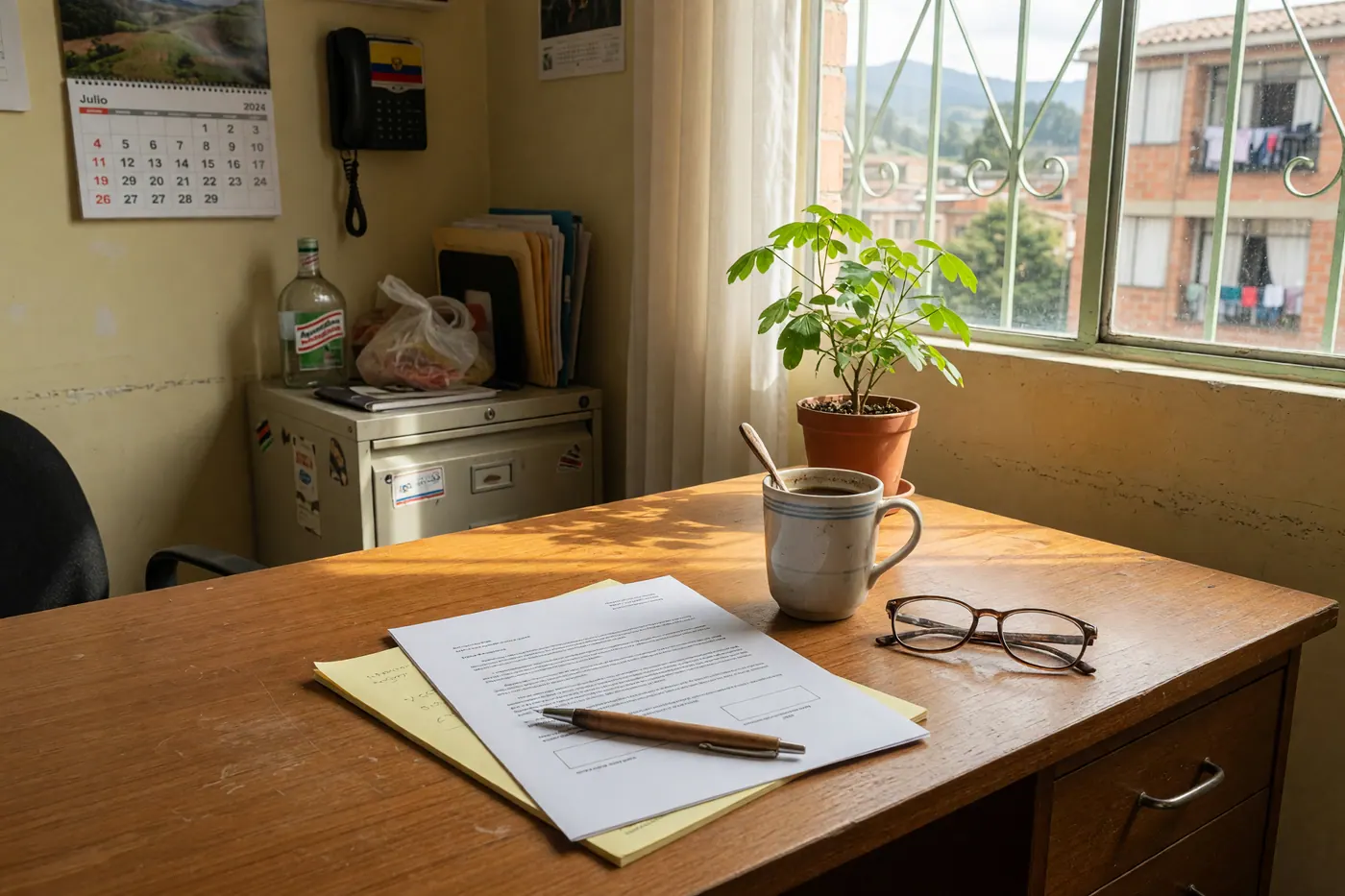 Documento de contrato impreso sobre escritorio de madera con gafas, bolígrafo y taza de café