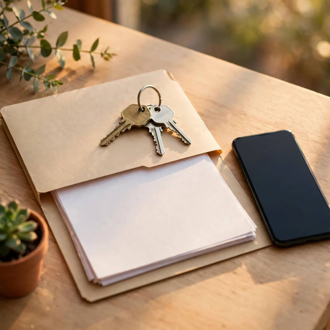 Llaves de vivienda sobre una carpeta de documentos junto a un teléfono en una mesa de madera