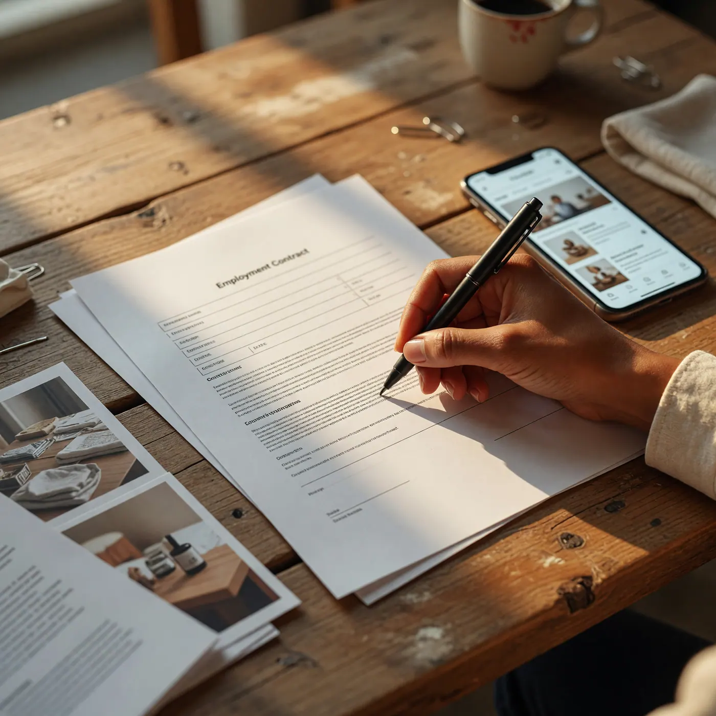 Primer plano de un contrato laboral físico siendo firmado con bolígrafo al lado de un teléfono celular inteligente sobre un escritorio rústico