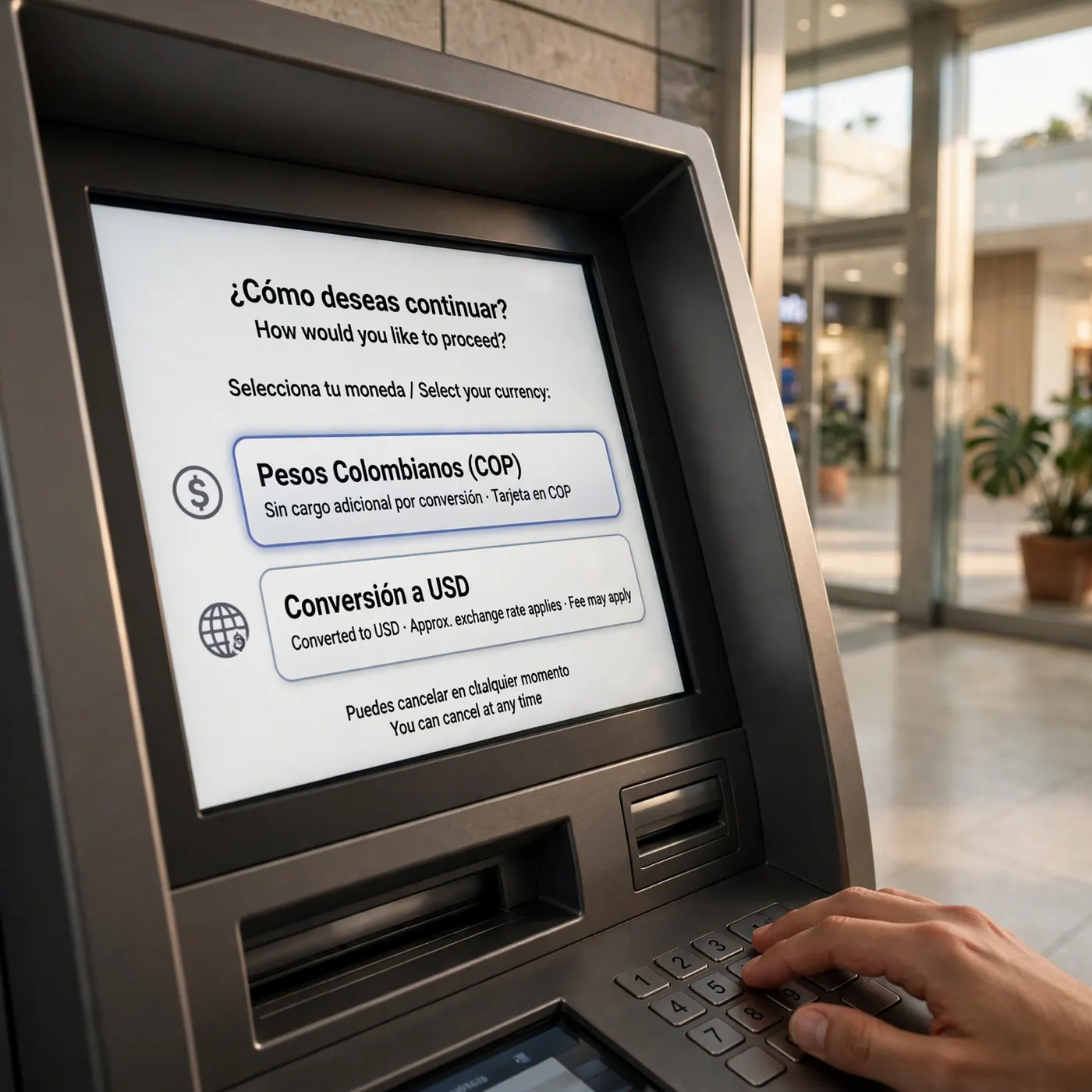 Atm screen showing cash withdrawal options in Colombian pesos at an indoor banking center