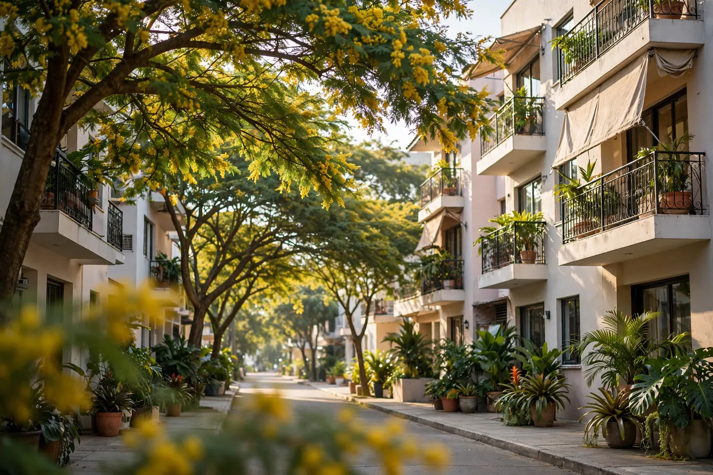 Tree-lined residential street with modern apartment buildings and wide sidewalks in the Alto Prado neighborhood of Barranquilla.