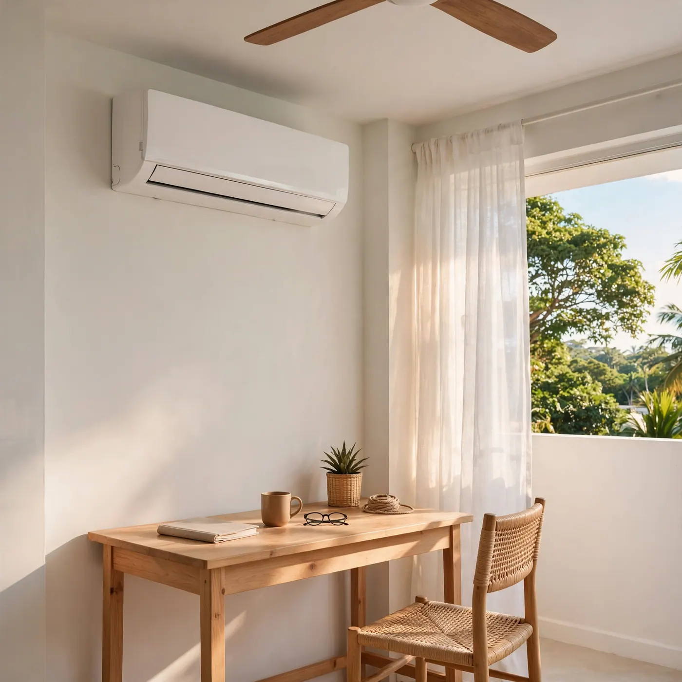 Interior of a modern Barranquilla apartment showing an energy-efficient split air conditioning unit and balcony view.