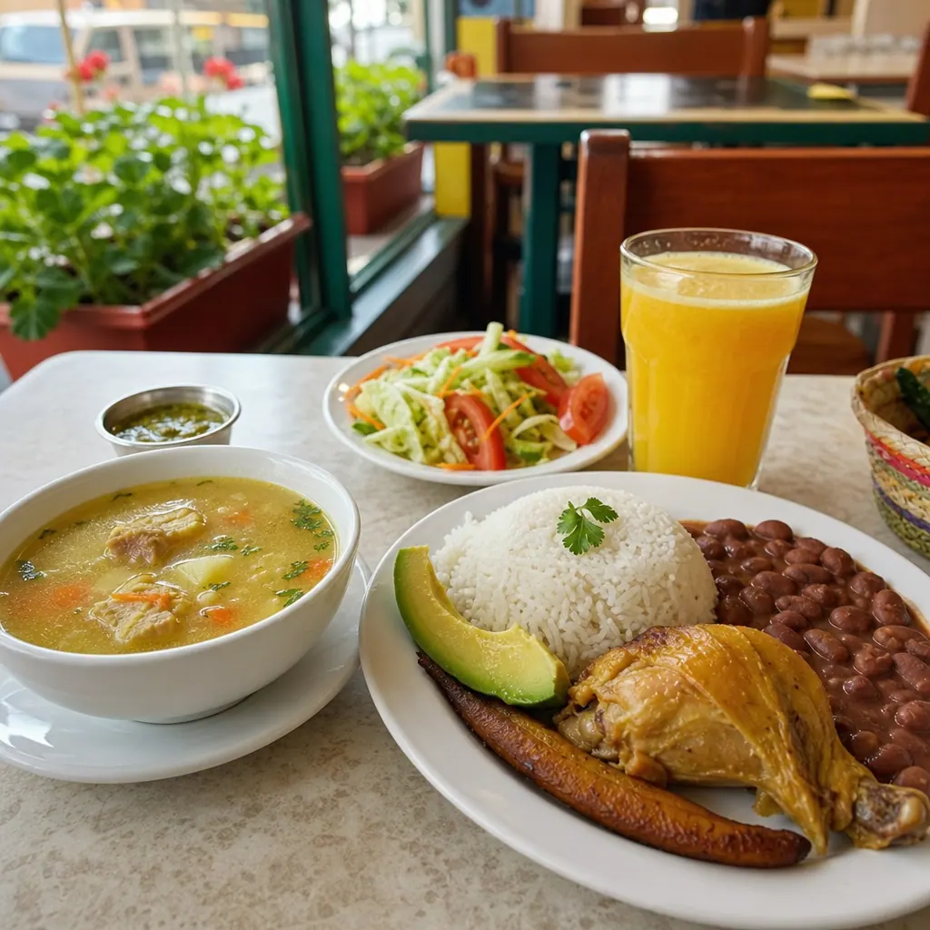 A traditional Colombian menú del día lunch — soup, rice, chicken, beans, salad and juice — on a simple restaurant table in Bogotá