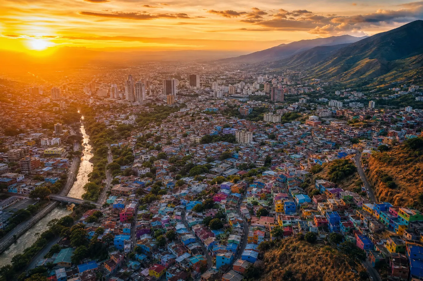Aerial view of Cali, Colombia at golden hour with the Valle del Cauca valley and Río Cali