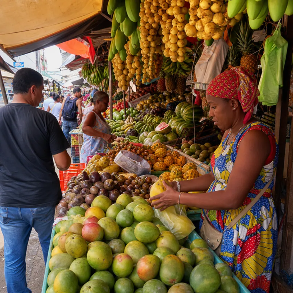Local street market in Cali, Colombia with fresh tropical fruits and vendors