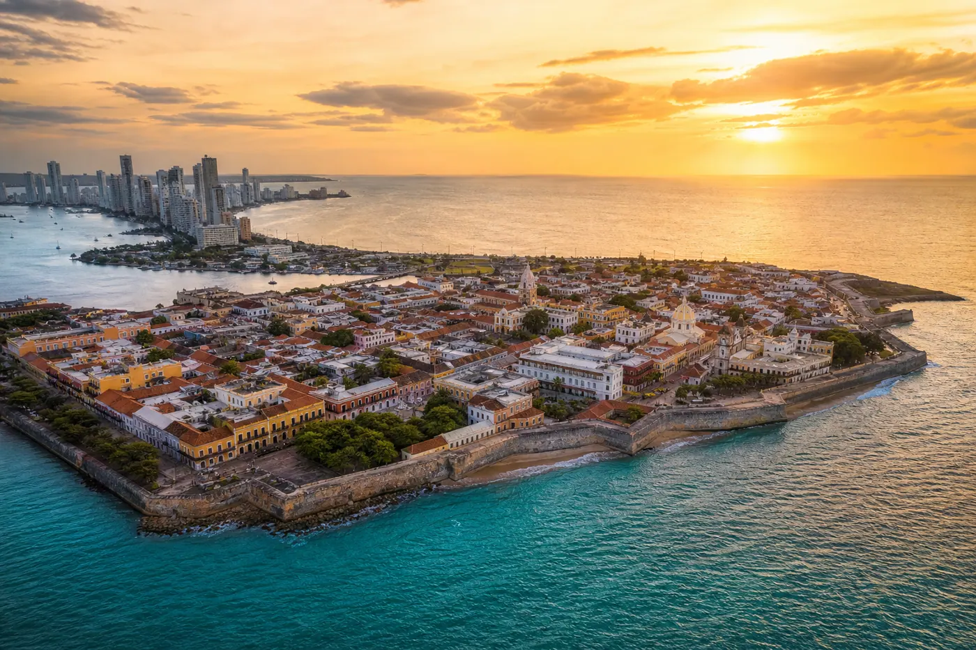 Aerial view of Cartagena, Colombia's walled colonial city surrounded by turquoise Caribbean water at golden hour