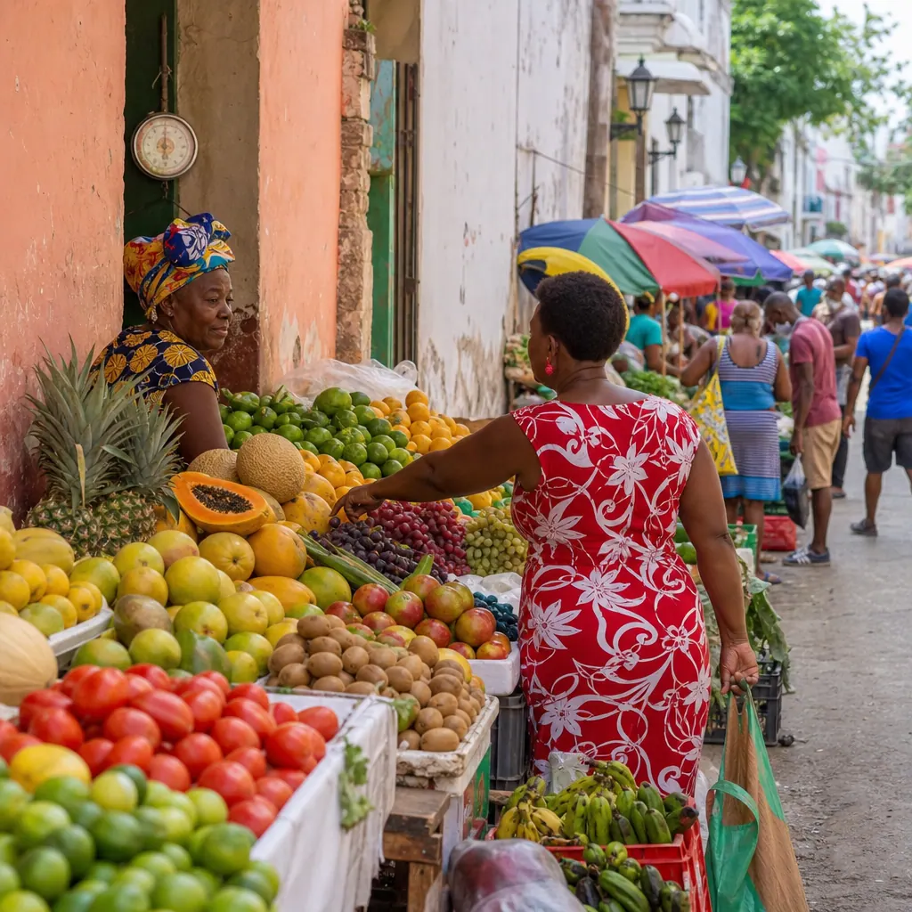 Fresh tropical fruit and vegetables at a local neighborhood market in Cartagena, Colombia