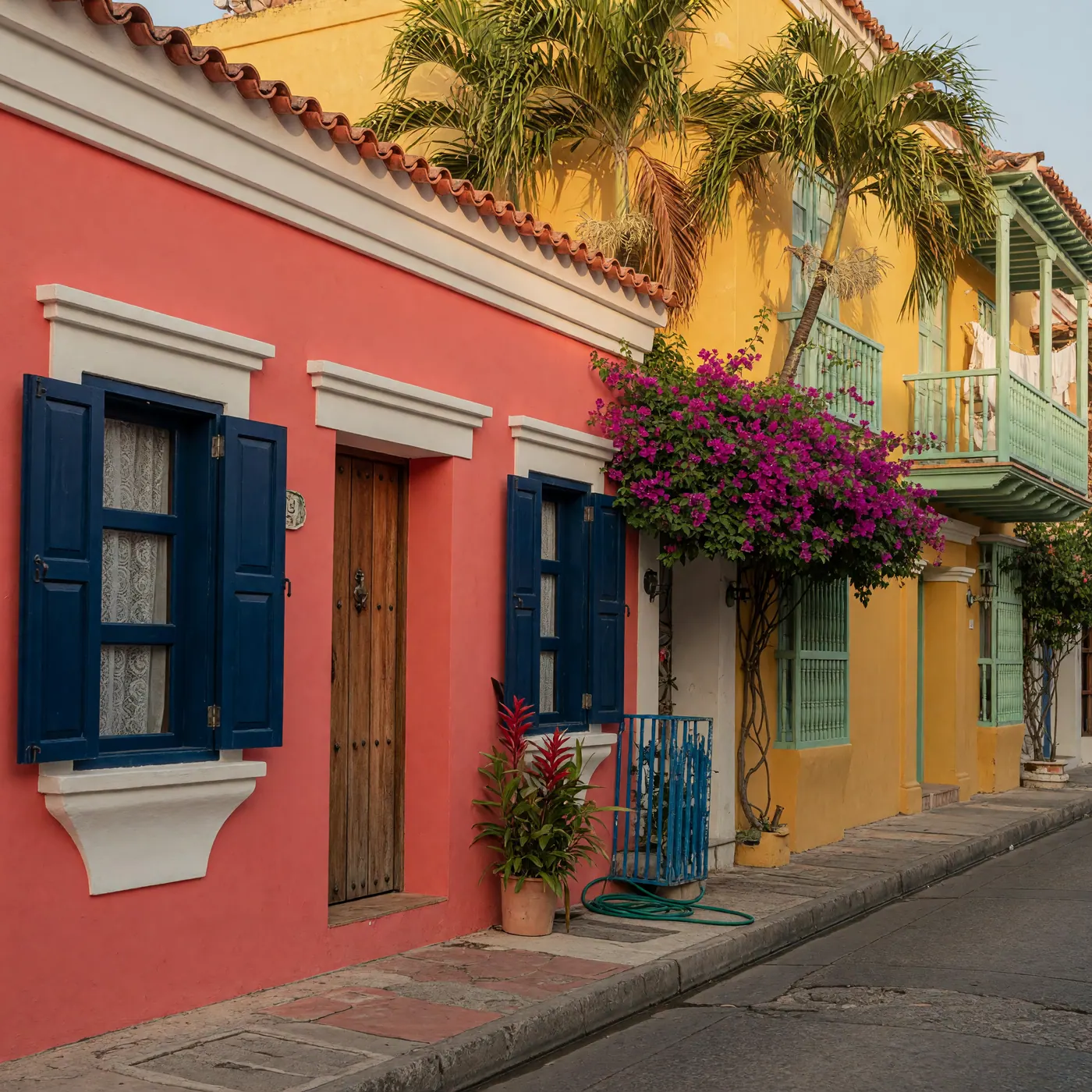 Colorful colonial houses on a residential street in Cartagena with tropical palms