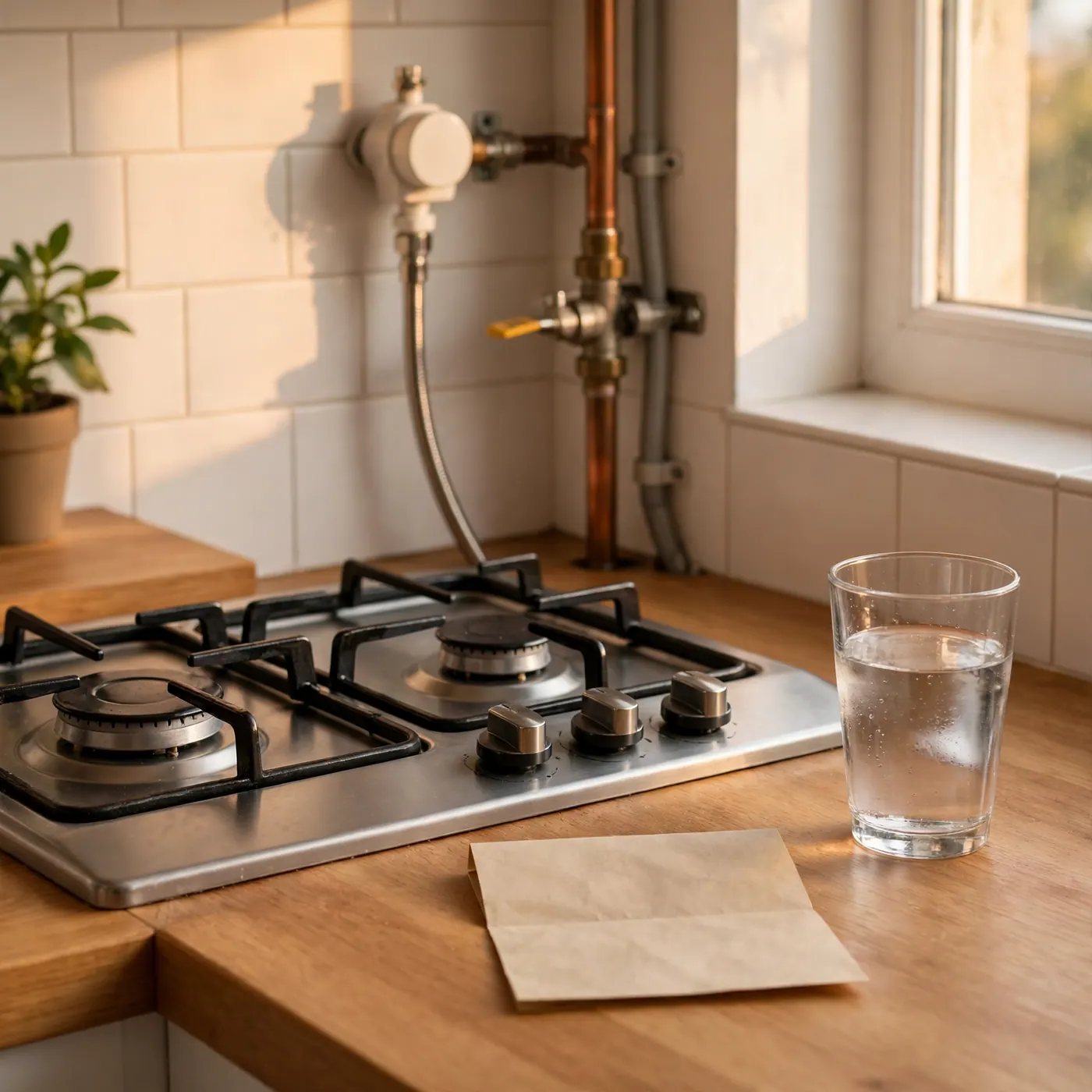 Residential kitchen corner with a gas cooktop, a glass of water and a paper bill lying face-down on the counter