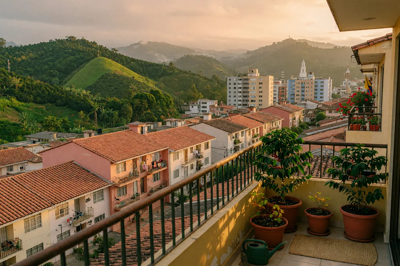 Pereira balcony with potted coffee plants overlooking terracotta roofs and green Coffee Axis mountains at golden hour