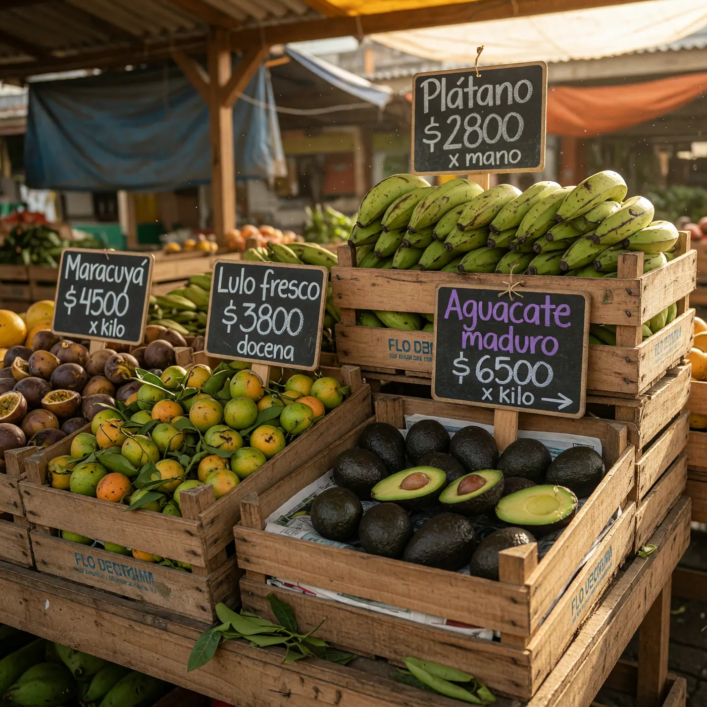 Wooden crates of plantains, avocados, lulo, and passion fruit with handwritten peso chalkboard signs at a Pereira market stall