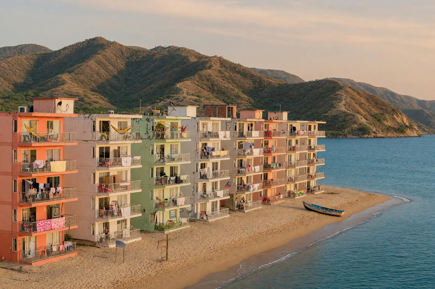 Apartment towers along the beach in Santa Marta Colombia with Sierra Nevada foothills in the background