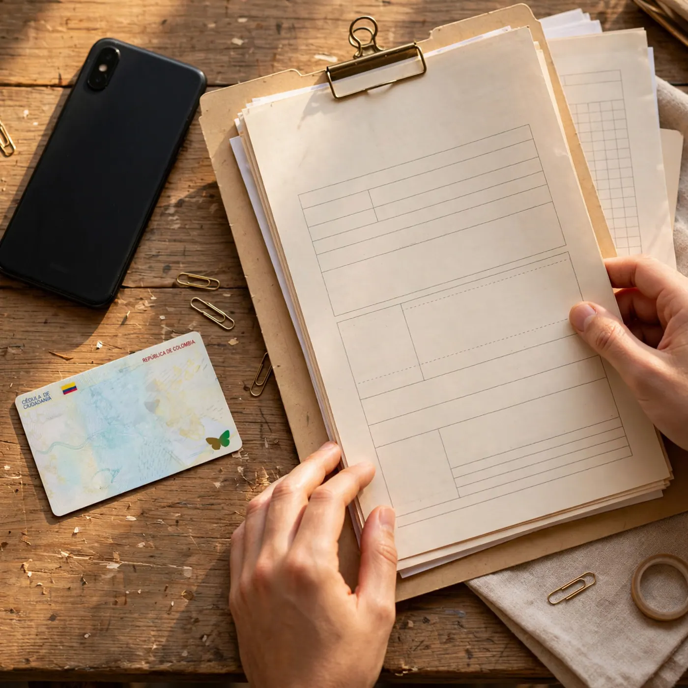 Manos organizando un folder de cuentas de cobro junto a un celular y una cédula sobre un escritorio de madera