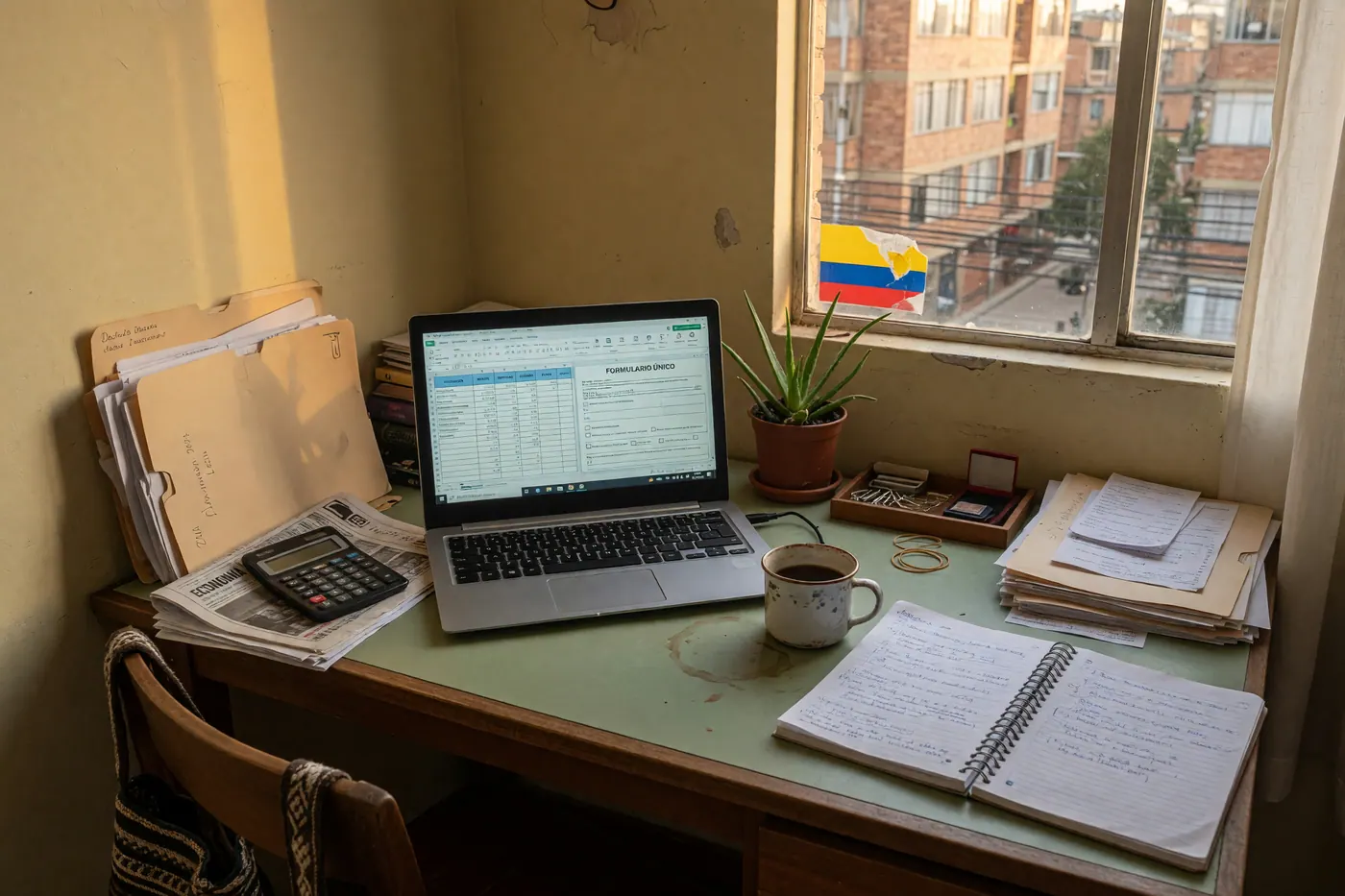 Escritorio verde con portátil abierto, taza de café, calculadora, carpetas y una ventana con edificios de ladrillo y una bandera de Colombia