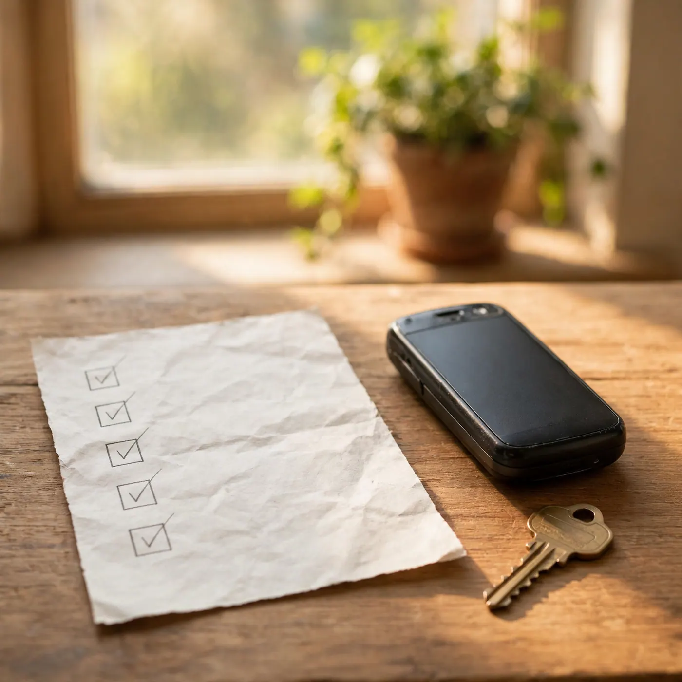 Switched-off older phone face down beside a house key and a handwritten paper list on a table by a window