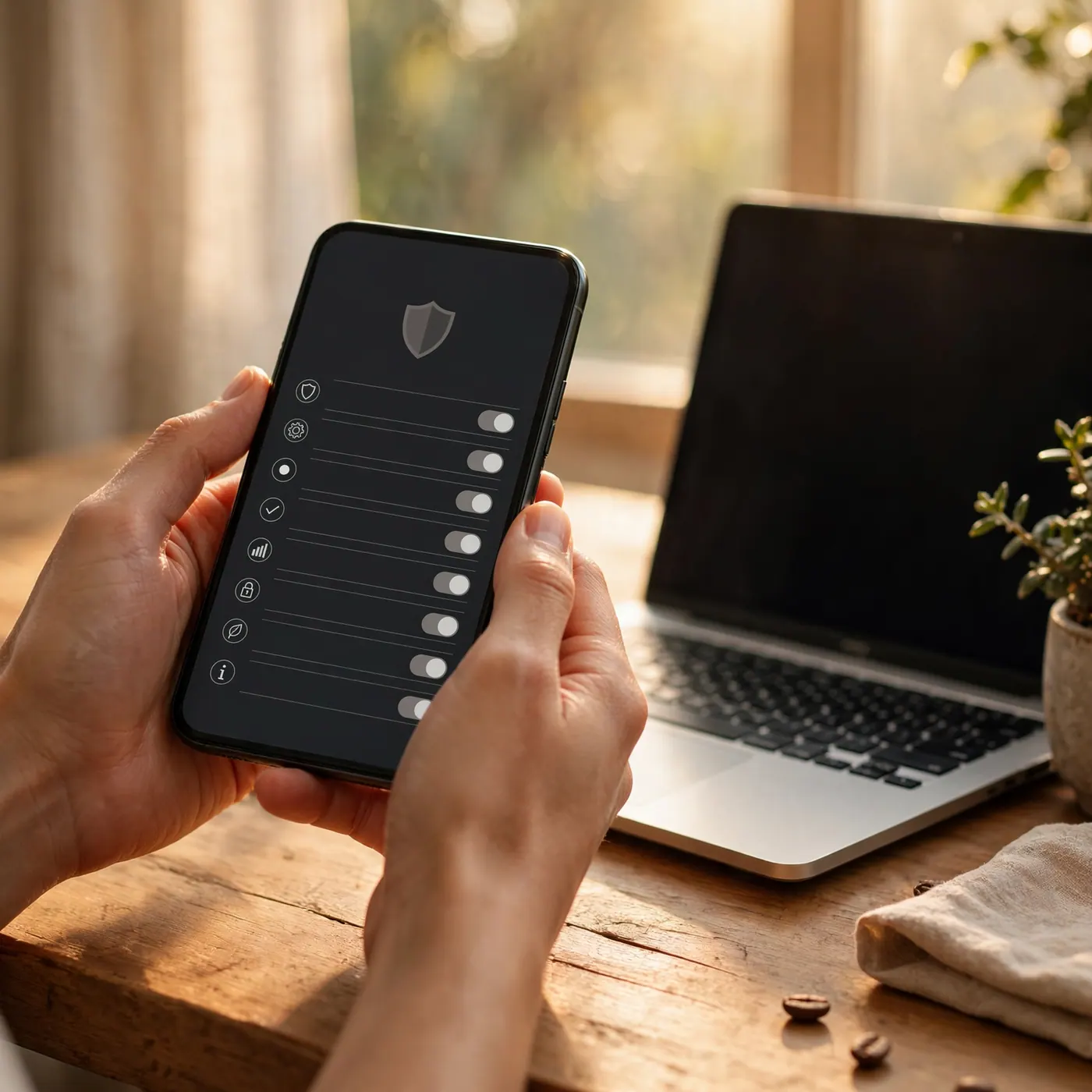 Hands holding a smartphone on a settings screen beside an open laptop on a wooden table