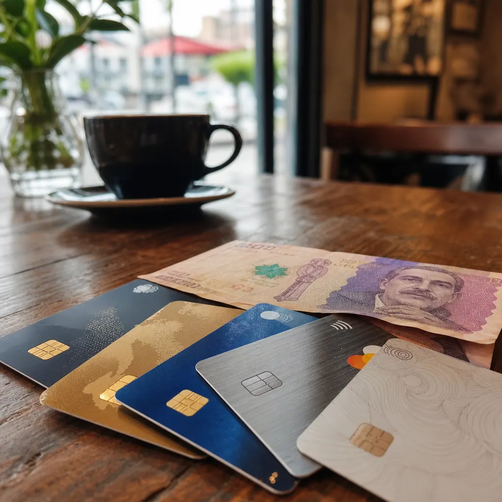 International credit cards and Colombian peso banknotes on a café table