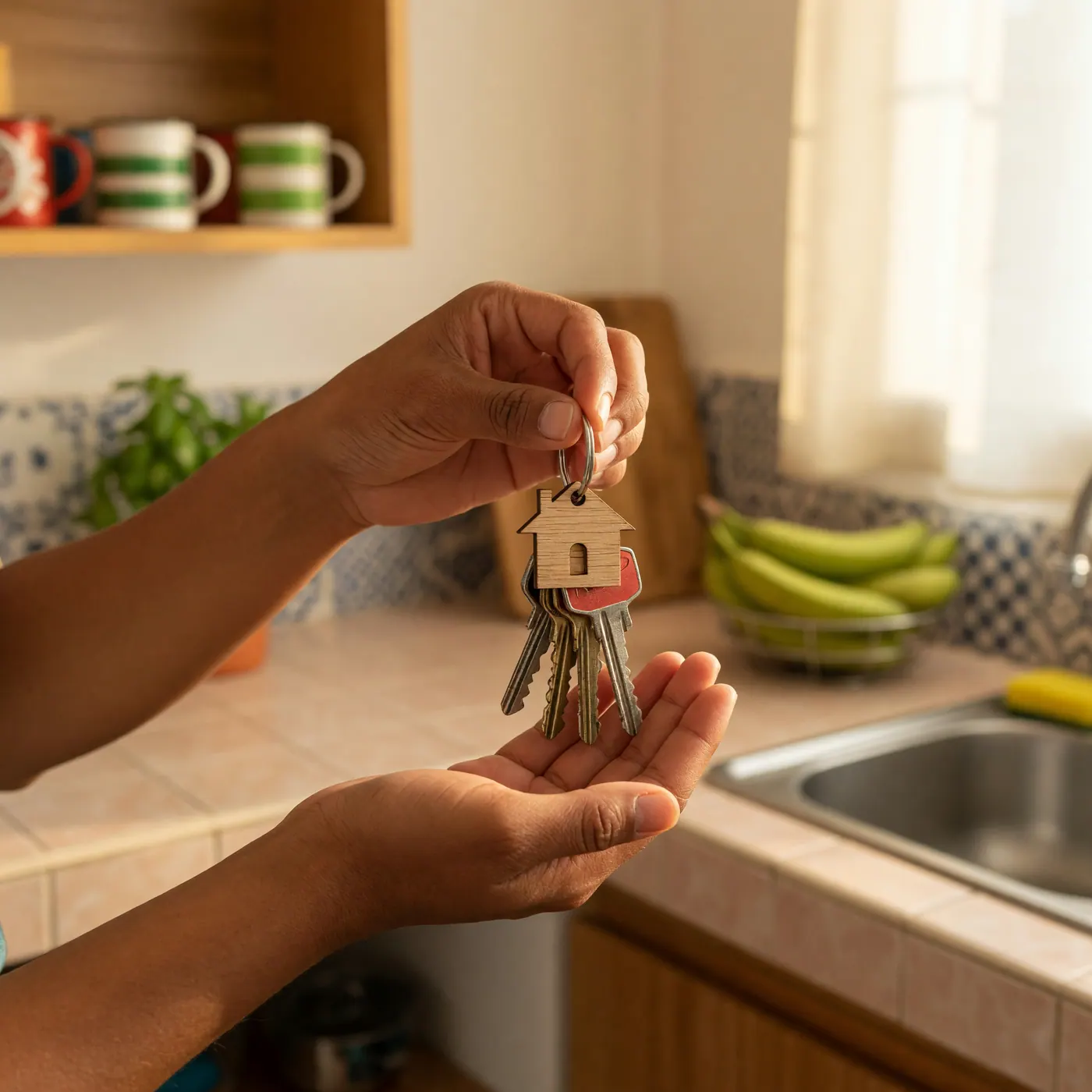 Primer plano de manos sosteniendo las llaves de una nueva casa en Colombia