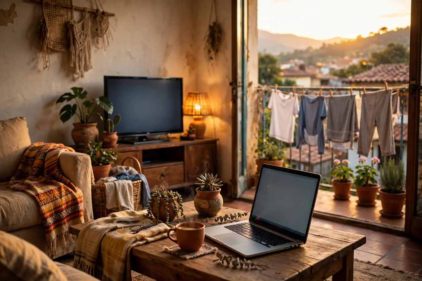 Sala de una casa colombiana al atardecer con portátil abierto en la mesa, plantas en materas y ropa tendida en el balcón