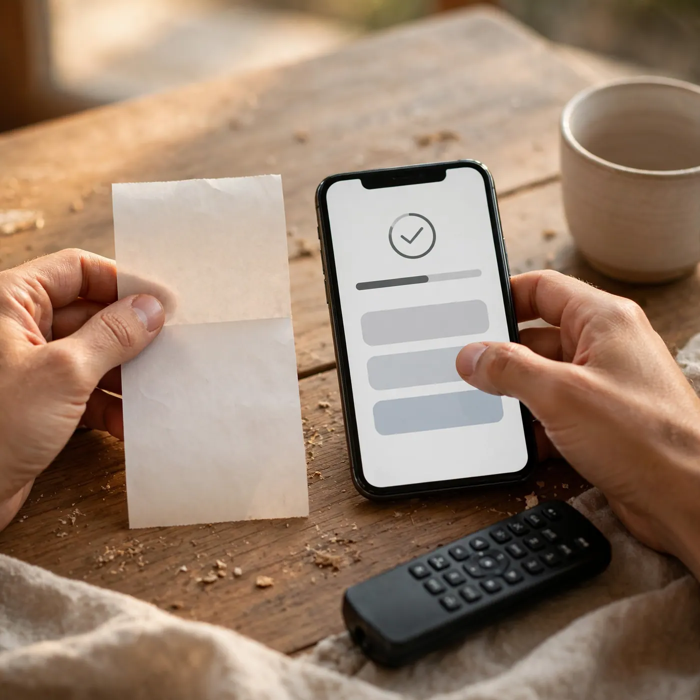Manos sobre una mesa comparando un recibo de papel y un celular con una pantalla de pago, junto a una taza y un control remoto