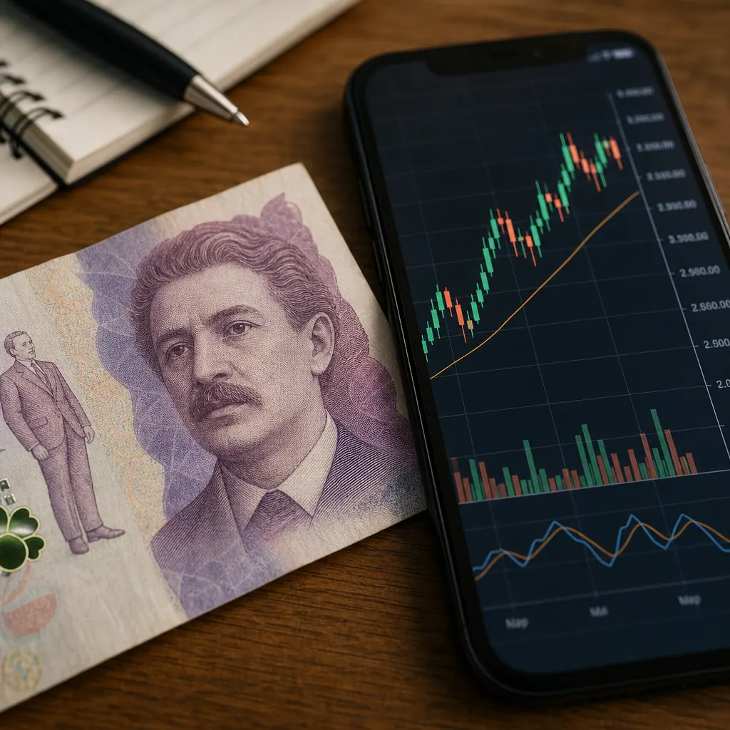 Colombian peso notes beside a smartphone showing a cryptocurrency price chart