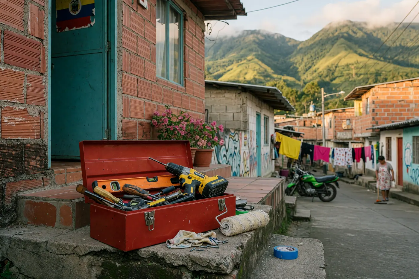 Todero organizando sus herramientas frente a una casa colombiana de ladrillo