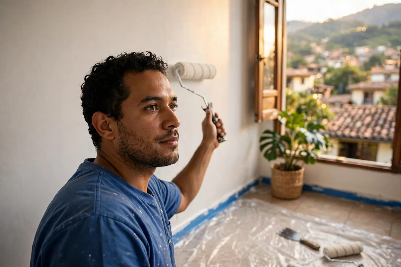 Pintor aplicando con rodillo pintura blanca en una pared interior, con cinta de enmascarar en el rodapié y plástico en el piso