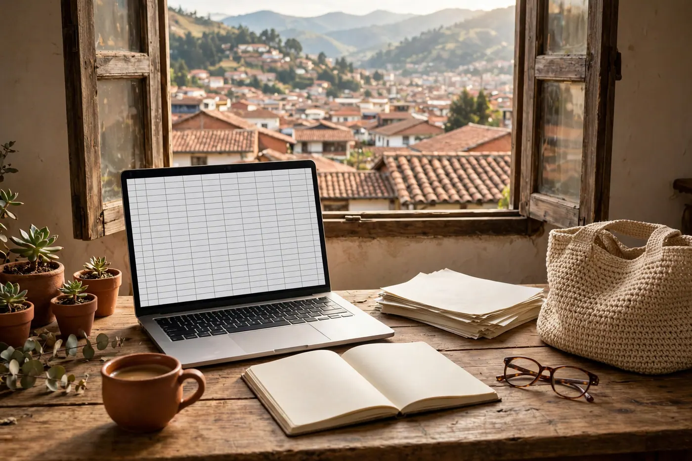 Escritorio de trabajo en Colombia con portátil, café, cuaderno y vista a techos de teja