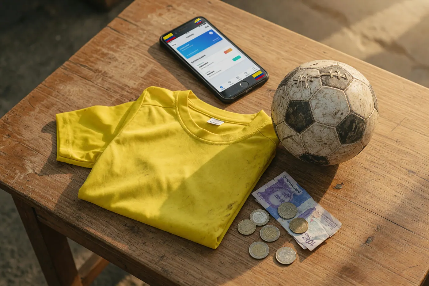 Camiseta amarilla, balón de fútbol, celular con app bancaria y billetes de pesos colombianos sobre una mesa de madera