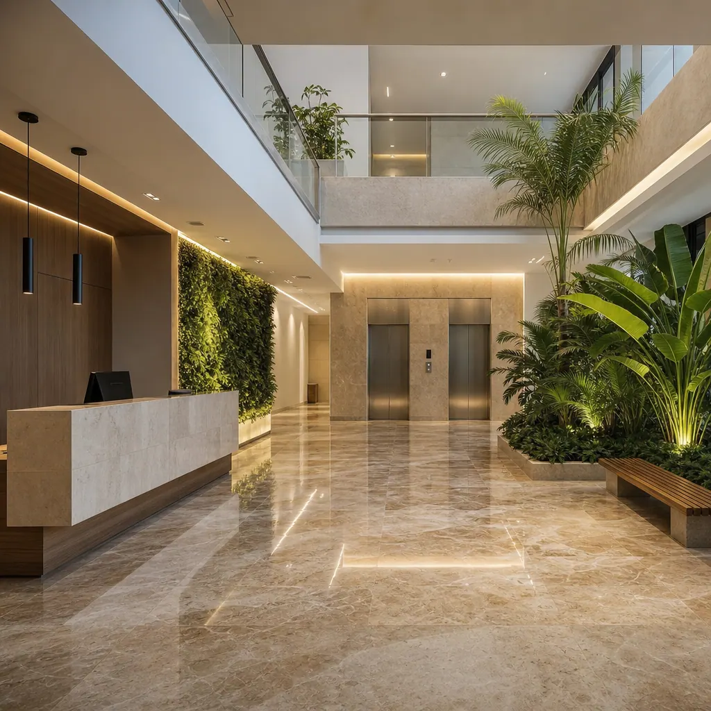 Modern Colombian apartment building lobby with marble floors, security desk, and indoor plants