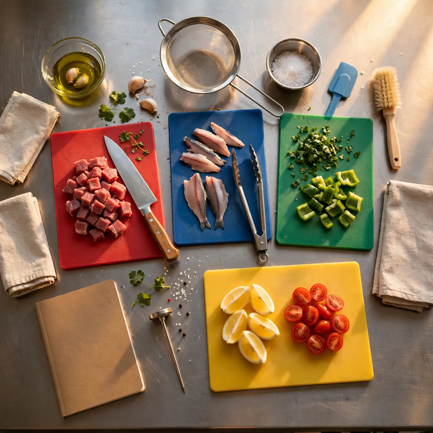 Tablas de corte roja, azul, verde y amarilla con carnes, pescado, verduras y una libreta de control sobre un mesón de acero