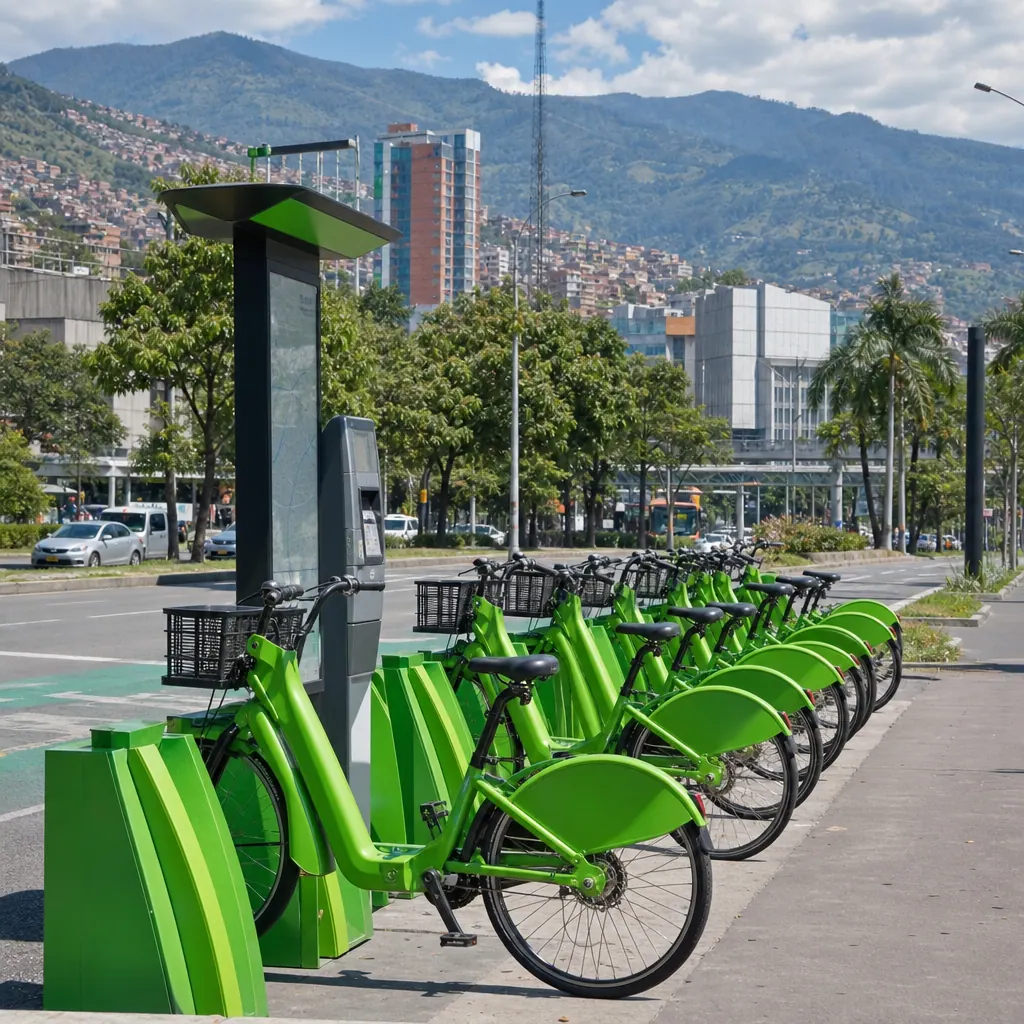 Green EnCicla bicycle sharing station in Medellín with docked green bikes