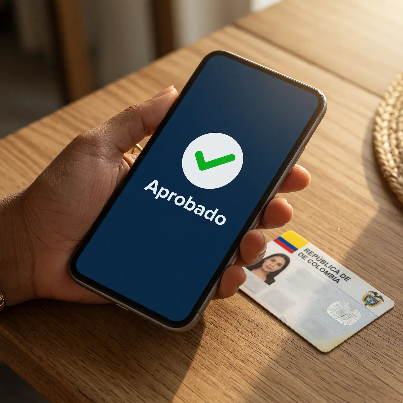 Mano sosteniendo smartphone con aplicación bancaria que muestra sello verde de Aprobado, con Cédula de Ciudadanía colombiana visible sobre mesa de madera