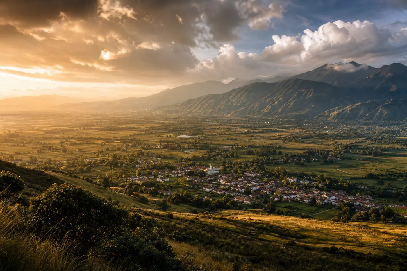 Aerial view of the Colombian Andes and Sabana de Bogotá at golden hour