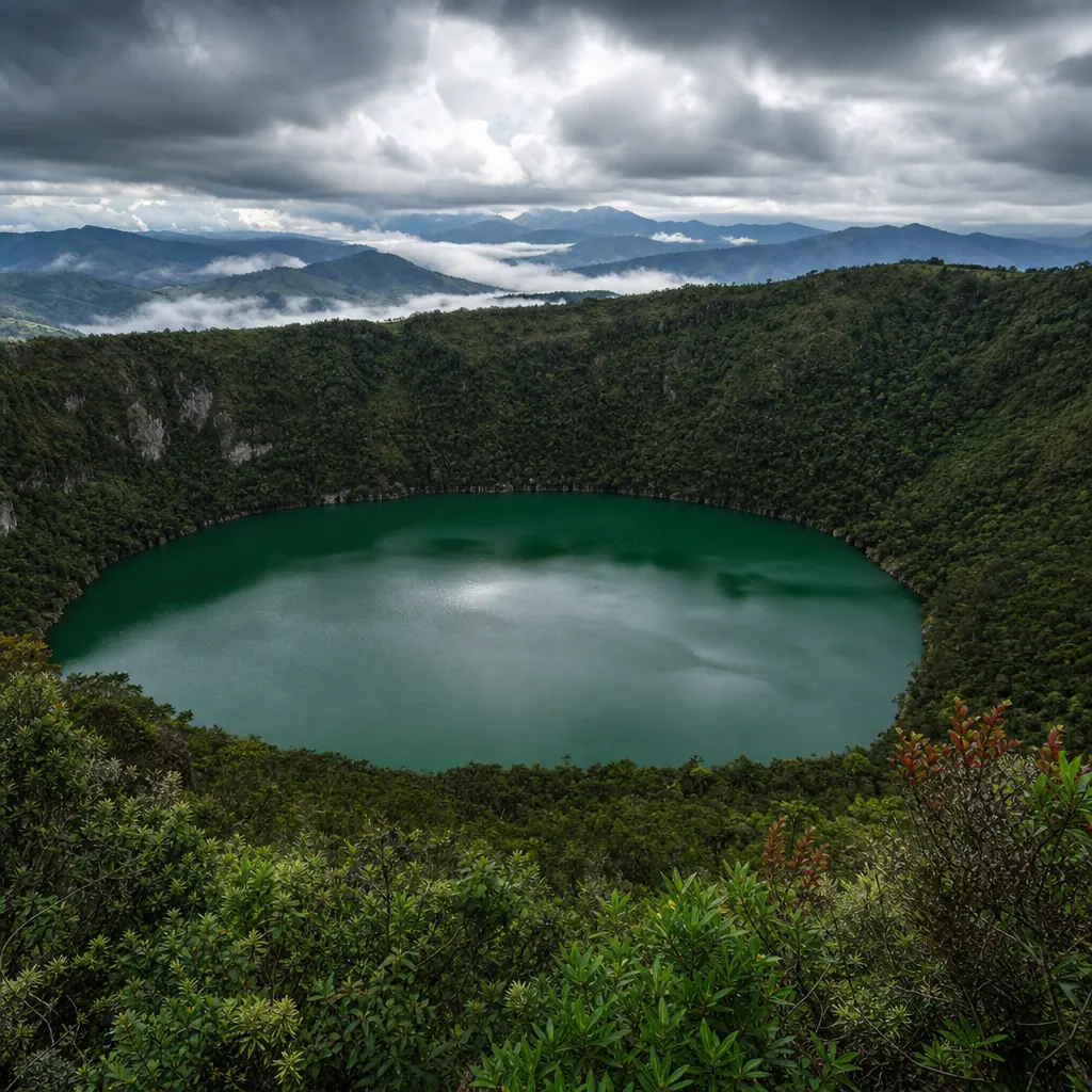 Laguna de Guatavita crater lake, Colombia — emerald green circular lake surrounded by Andean cloud forest
