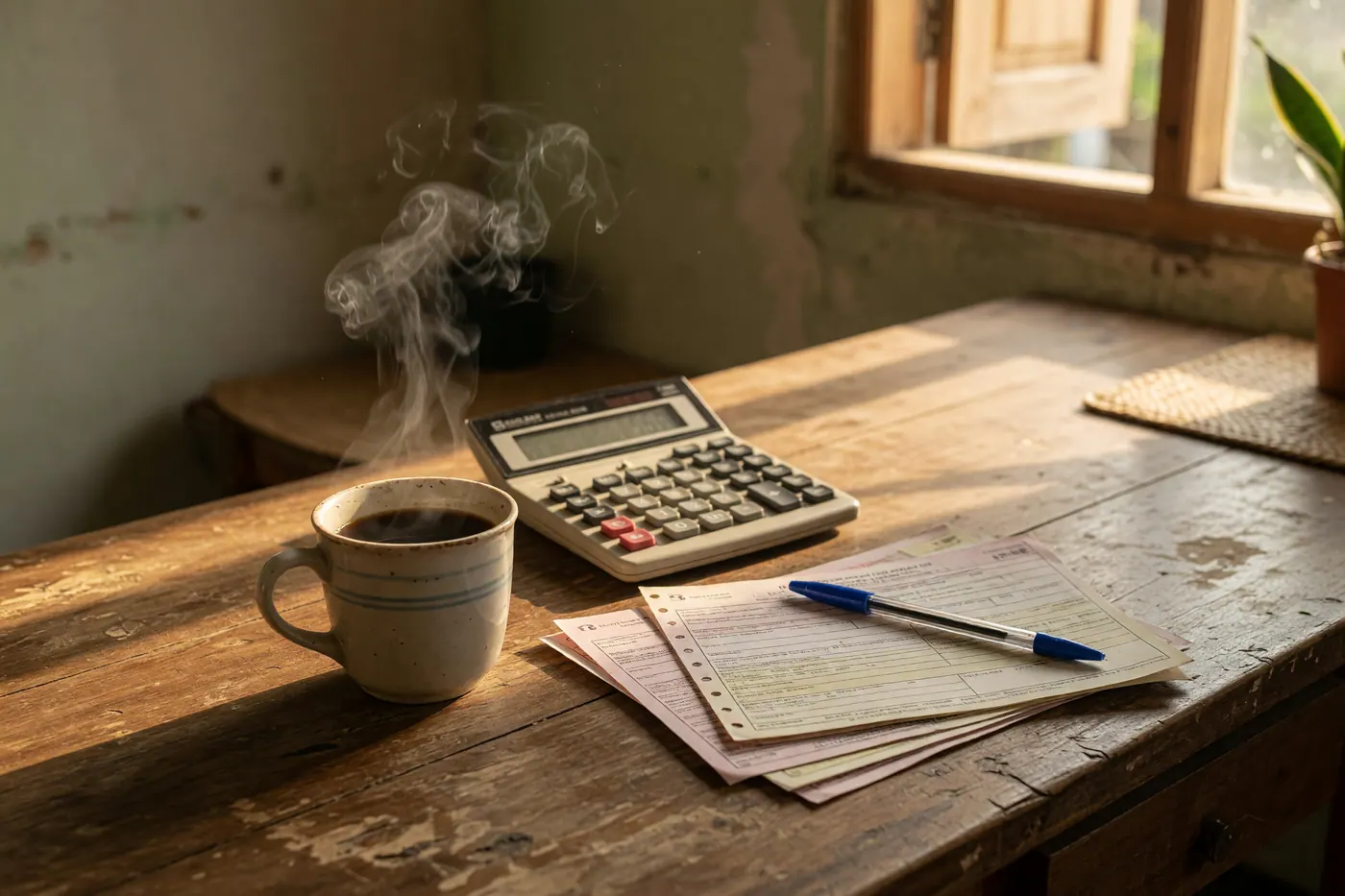 Escritorio de madera con documentos contables, calculadora, bolígrafo y una taza de café colombiano humeante bajo luz natural